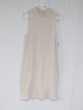 Sleeveless Rib-Knit Mock Neck Dress in Cream